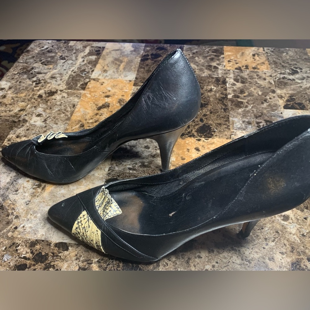 Vintage Blk Leather 3.5” Tan Snakeskin Accent